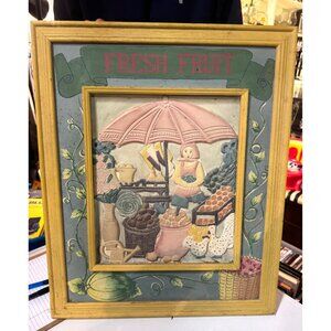 Vintage Fresh Fruit 3D Wall Art With Yellow Frame Farmer Market Scene Hand-Paint